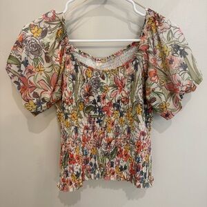 Anthropologie Floral Smocked Puff Sleeve Top XS